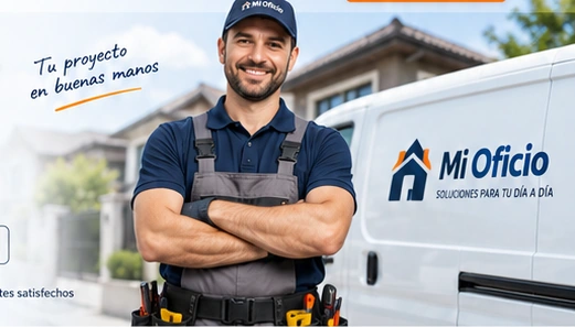 Profesional de servicios frente a una vivienda y vehículo de trabajo