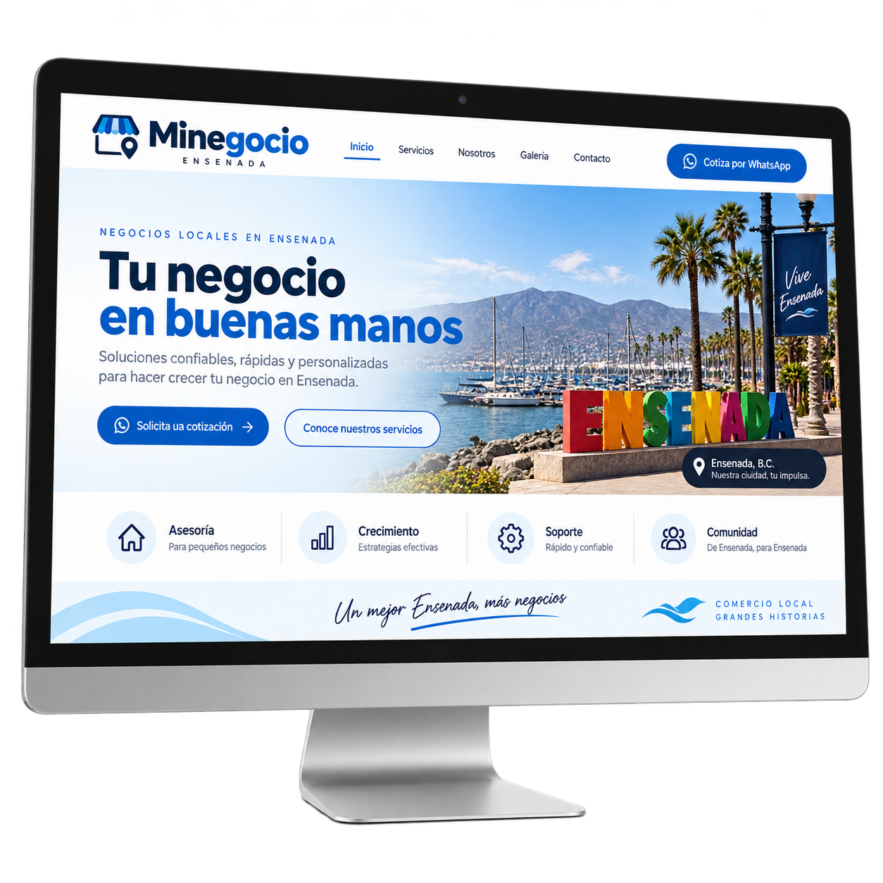 Sitio web de ejemplo mostrado en un monitor de escritorio